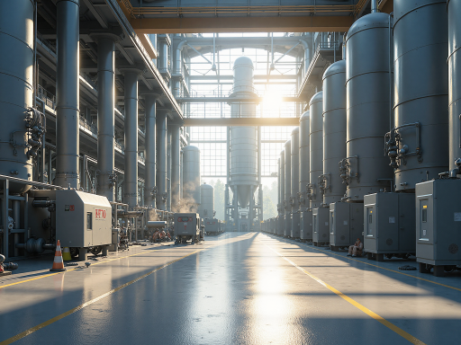 Modern industrial facility with machinery and storage tanks, bright natural light