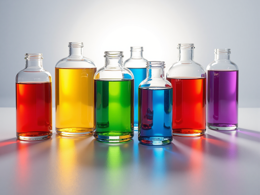 Colorful antifreeze bottles lined up, clear liquid visible
