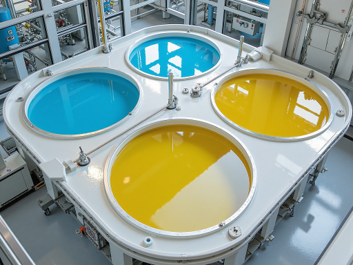 Industrial drums and containers filled with various colored specialty fluids